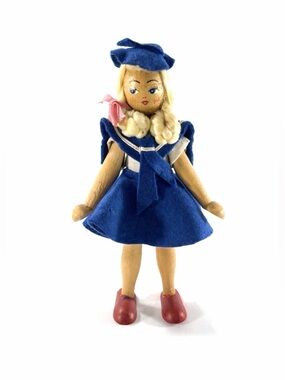 Vintage Polish Wooden Peg Doll Girl Blue Dress Folk Art Jointed Yarn Hair 7”
